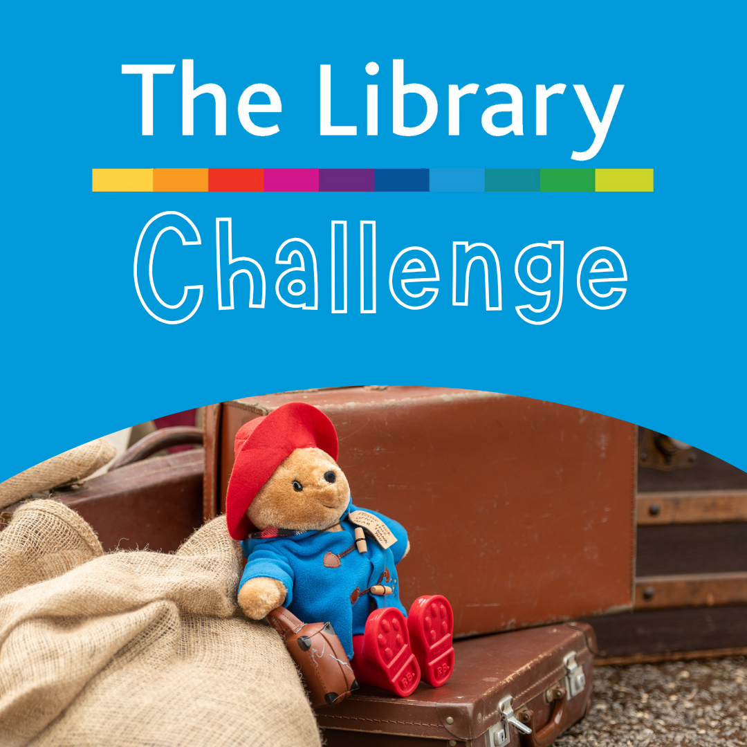 The Library Challenge Logo on a blue background with a picture of Paddington Bear below