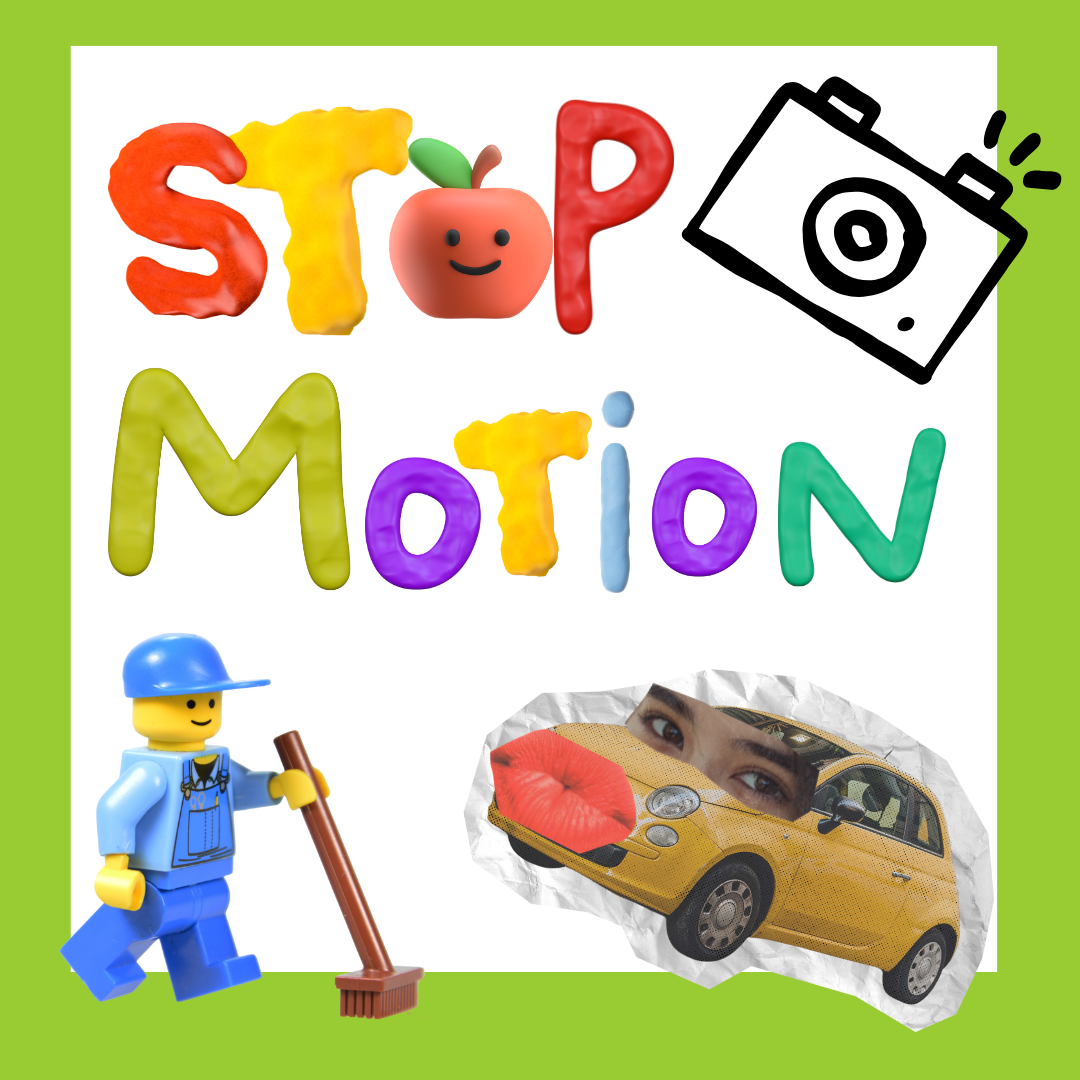 Stop motion, an image with plasticine words, a camera and toys.