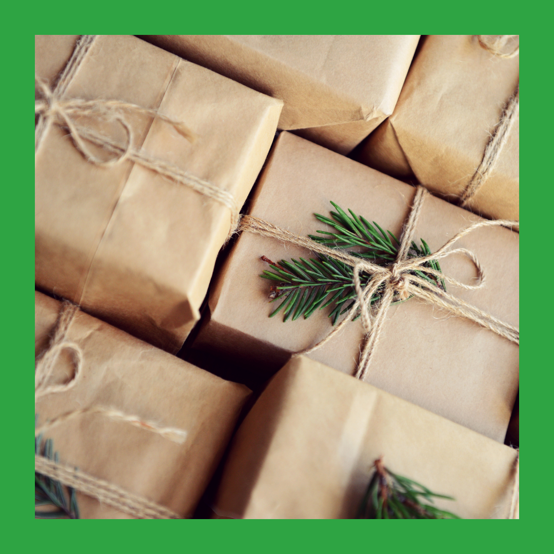 Image of presents wrapped in brown paper and string