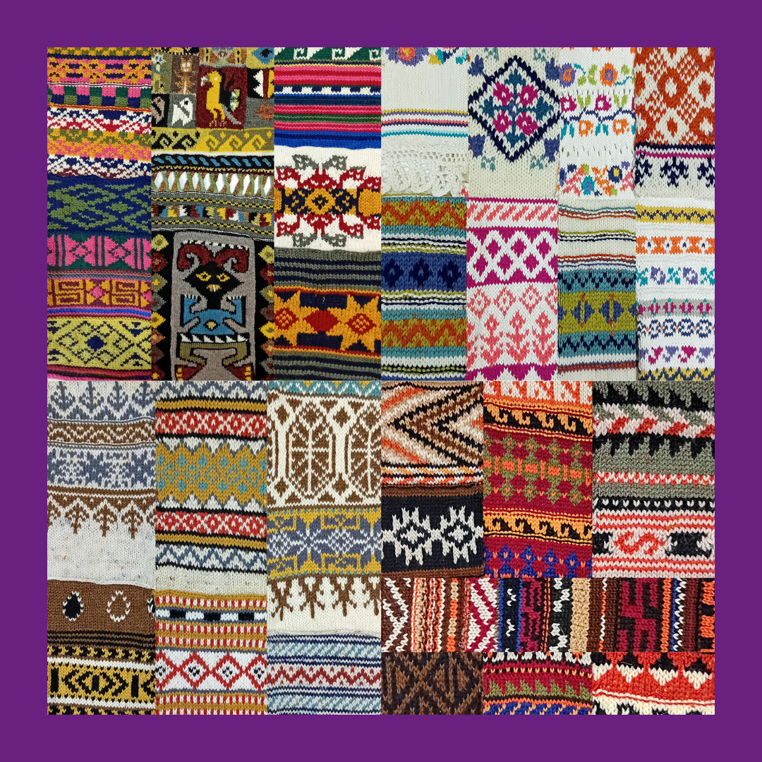 Image of lots of colourful knitting swatches with different patterns