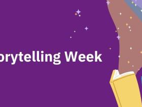 Text reading: National Storytelling Week, with a graphic of three books opening and sparkling steams of magic rising out of them.
