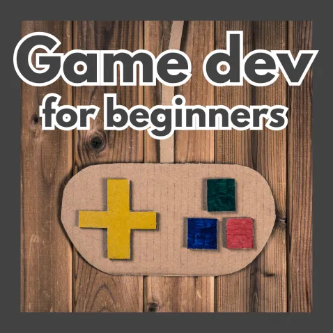 A carboard game controller under the words Game dev for beginners