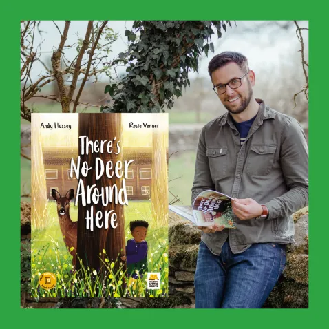 photo of author Andy Hussey standing outside, with the book cover for 'There's No Deer Around Here' included on top of the image