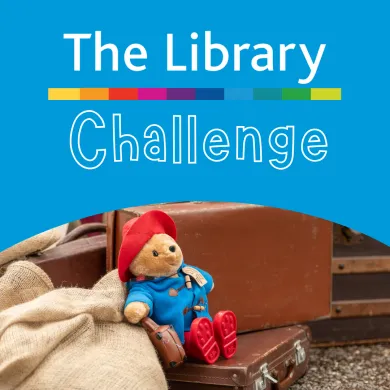 The Library Challenge logo on a blue background above a photo of Paddington Bear