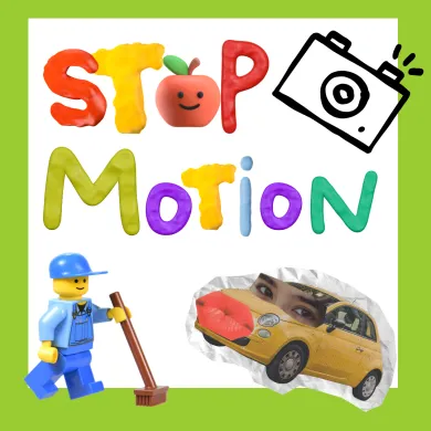 Stop motion, an image with plasticine words, a camera and toys.