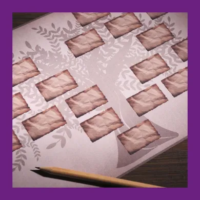 A photo of a blank family tree laid out on a table with a pencil laying beside it