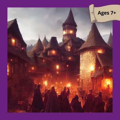An illustration of a medieval town at dusk with silhouettes of cloaked adventurers standing in front