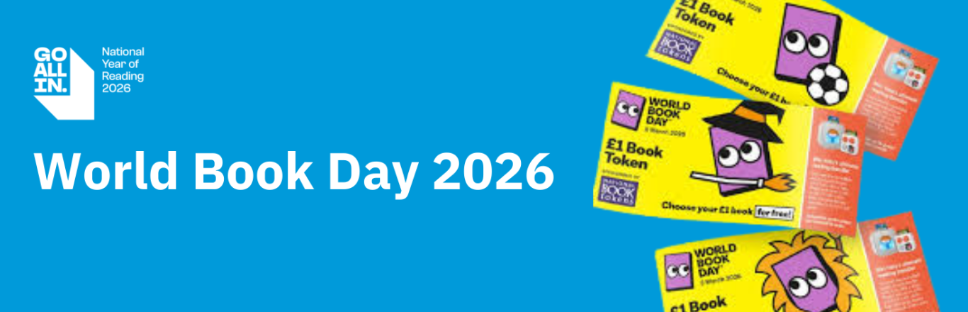 An image of three world book day tokens on a blue background. Text reads 'World Book Day 2026.'